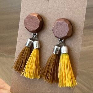 Bohemian Hippie Style Wooden Tassel Earrings Yellow-Brown Accents Free Spirited